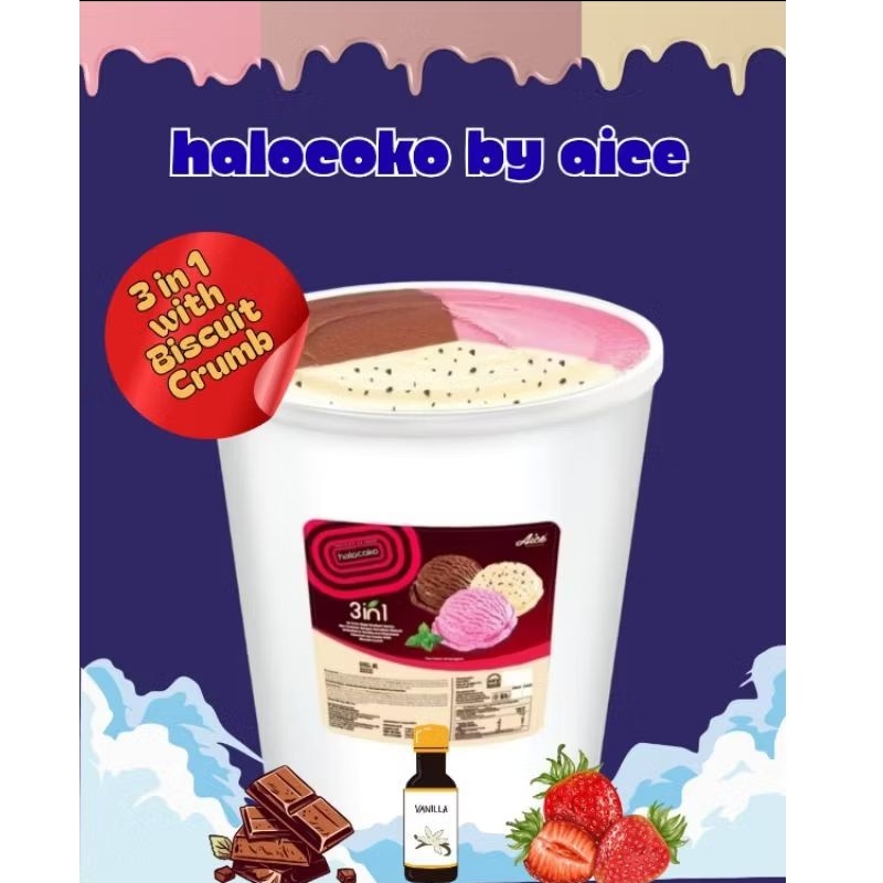 Es krim 8 Liter Emberan Halocoko by AICE 3 rasa (biscuit crumb) Remahan Biskuit