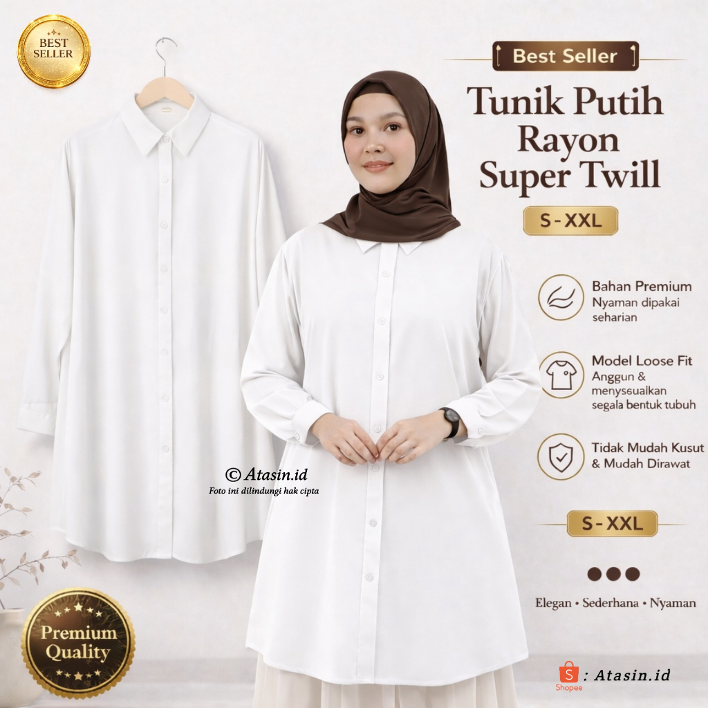 Tunik Putih Wanita Polos Jumbo LD 100 - LD 140 Atasan Muslimah Rayon Twill Premium Busui Friendly Fo