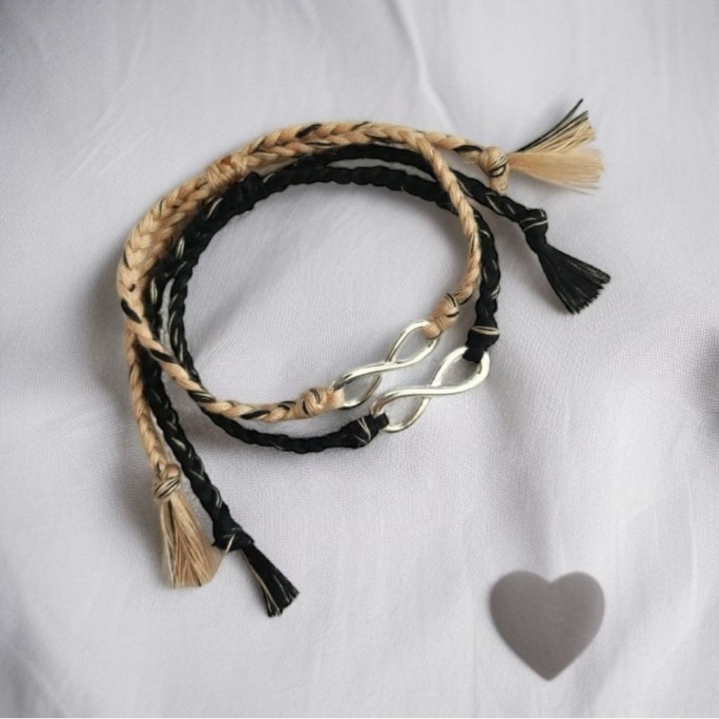 Sepasang 2pcs Gelang Couple Infinity Silver Kepang 3 Tali Benang Jahit Hitam Abstrak Coklat Abstrak 