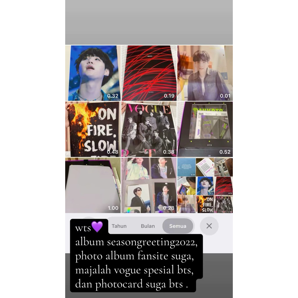 album fansite suga bts + photocard bts suga + album season greeting 2022 + majalah vogue