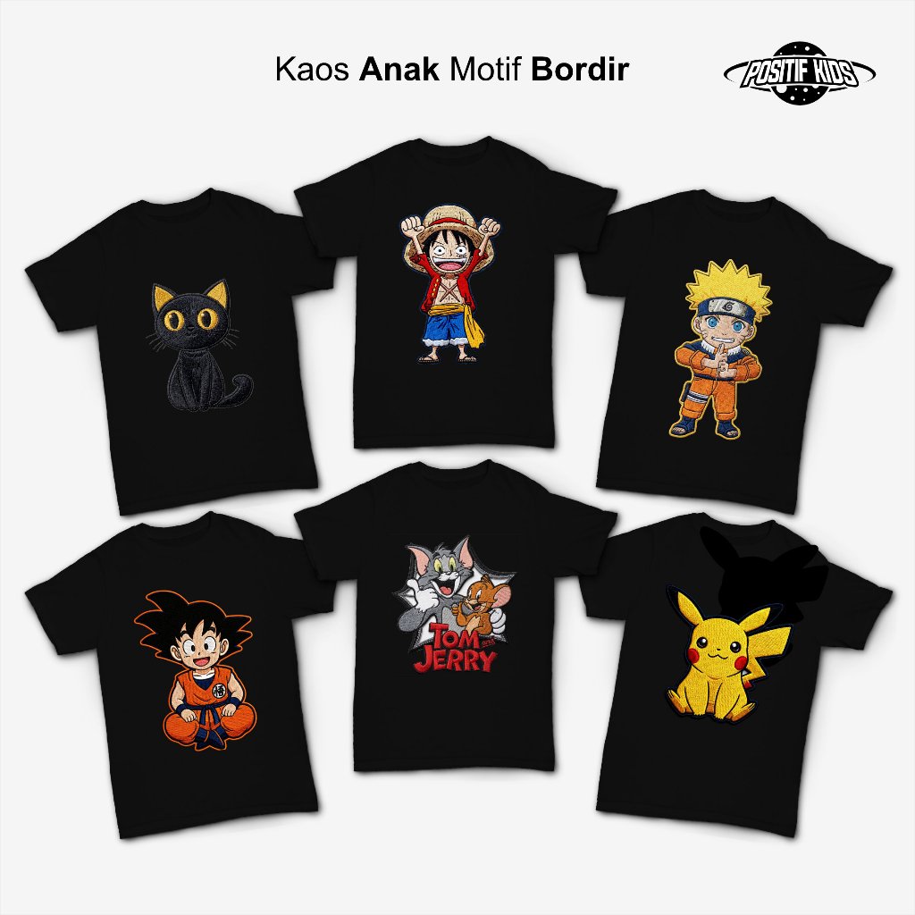 Kaos Anak Motif Bordir Naruto Luffy Pokemon Goku Kaos Harian Anak Positif Merch