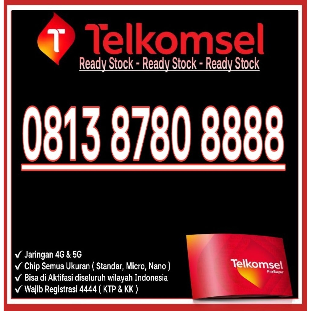 NOMOR CANTIK TELKOMSEL SIMPATI 4G LTE O813 8780 8888 - 8888