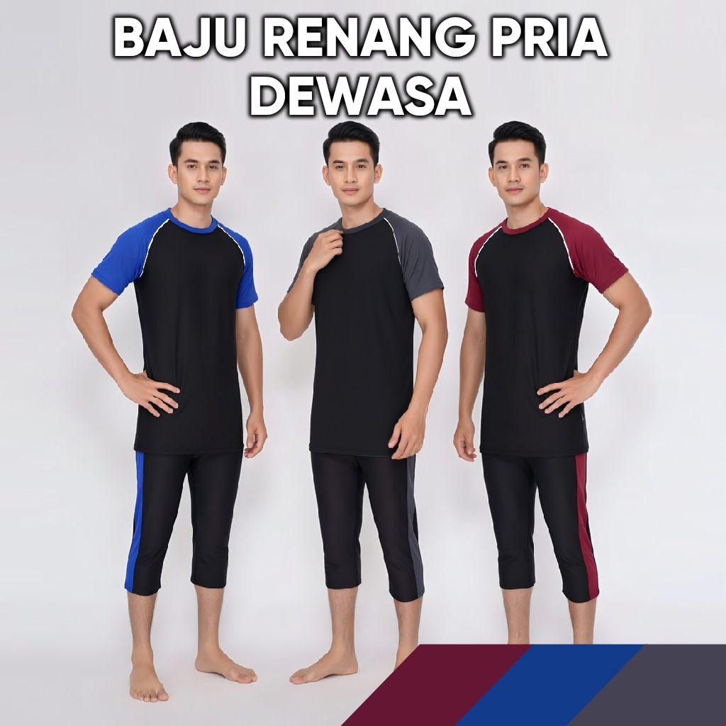 Sulbi - Baju Renang Pria Dewasa Setelan Atasan Bawahan Lengan Pendek Celana 3/4 Diving Snorkeling Ra
