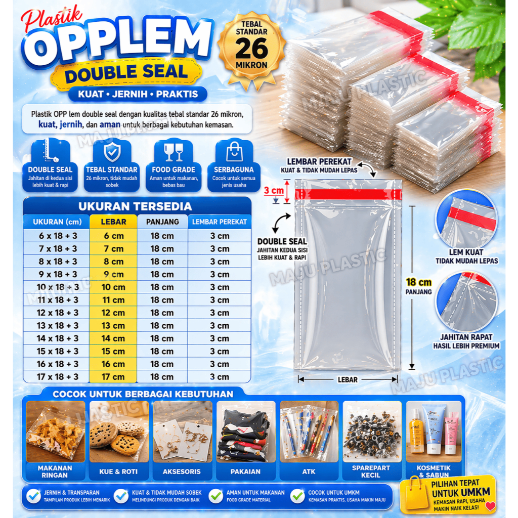 (Isi 100 pcs Double Seal) Plastik OPP Lem Tebal Standar/6x18/7x18/8x18/9x18/10x18/11x18/12x18/13x18/