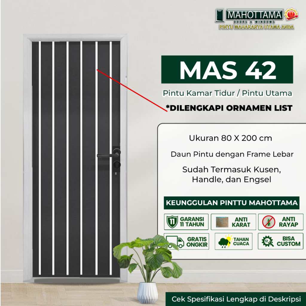 MAHOTTAMA MAS42 - Pintu Rumah Kamar Tidur Kamar Mandi Aluminium 80 x 200 cm