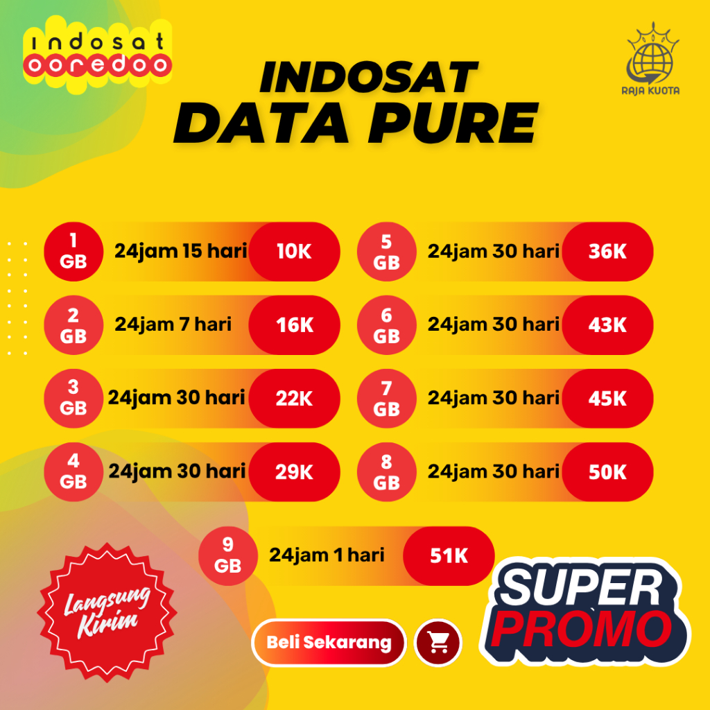 Paket Data Indosat  Kuota Internet Data Pure 1gb 2gb 3gb 4gb 5gb 6gb 7gb 8gb 9gb 10gb masa aktif 30 