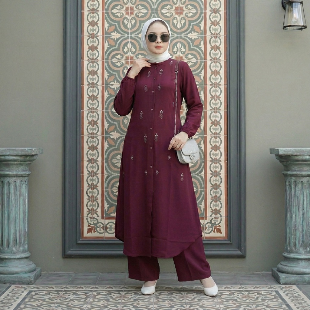 Sequin Light - Setelan Tunik Bordir Melati Syakila Wanita Muslim Premium Setelan Tunik Elegan