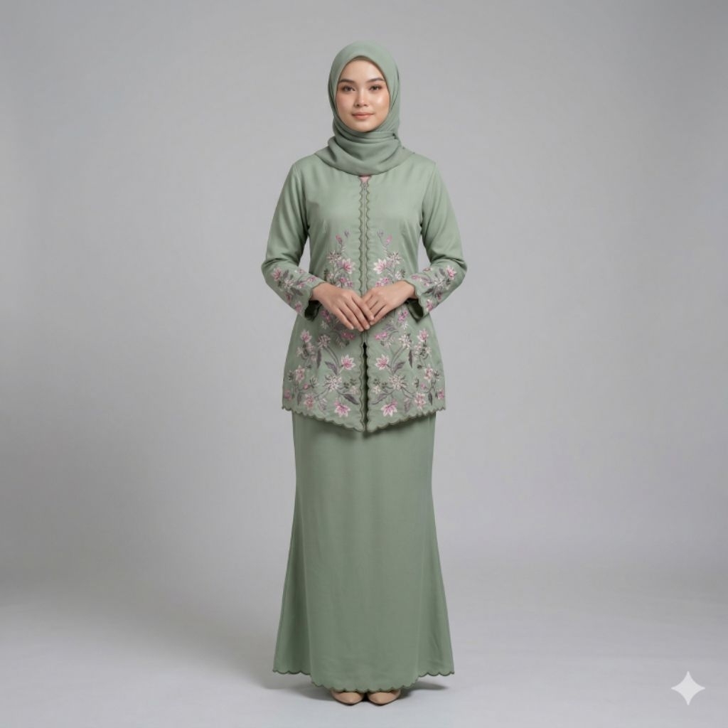 Sircinta One set Kebaya Bordir Anggrek Baju Kurung Malay Strawberry Matcha Melayu bySC