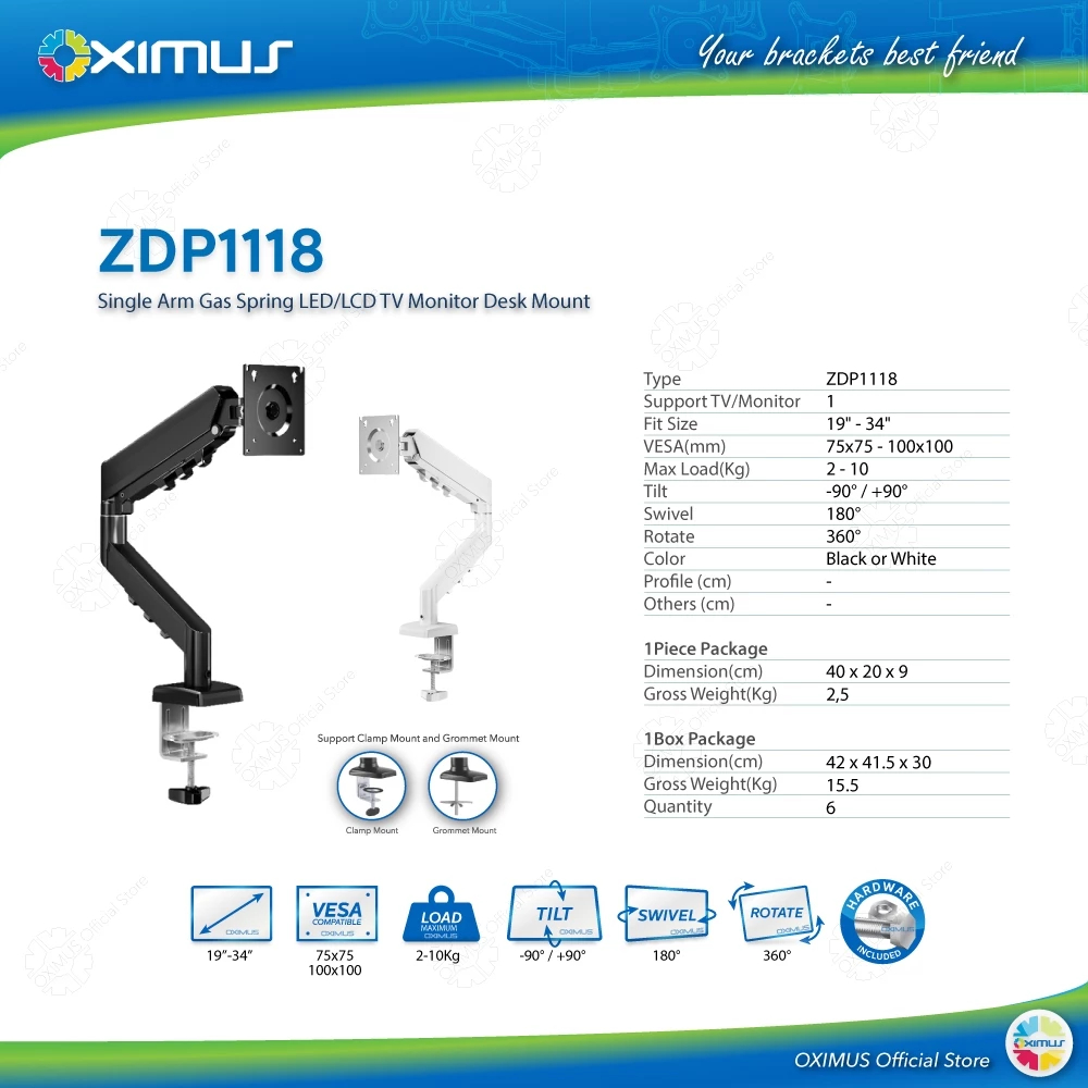 Bracket TV Monitor LED LCD Gas Spring Oximus ZDP1118 1118 Tilt Swivel