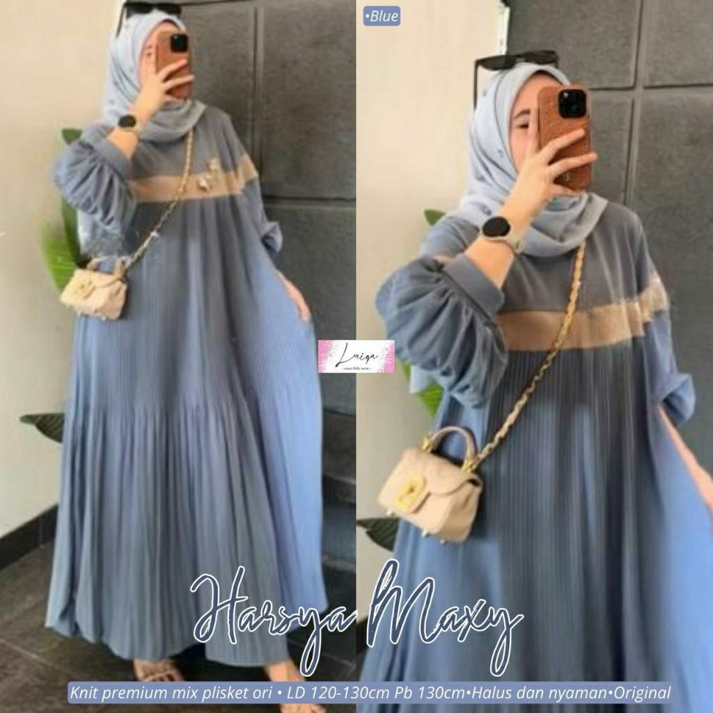 HARSYA MAXI DRESS ELEGAN MAT KNIT IMPORT MIX PLISKET PREMIUM/GAMIS UMBRELLA ADEM TERBARU KEKINIAN LD