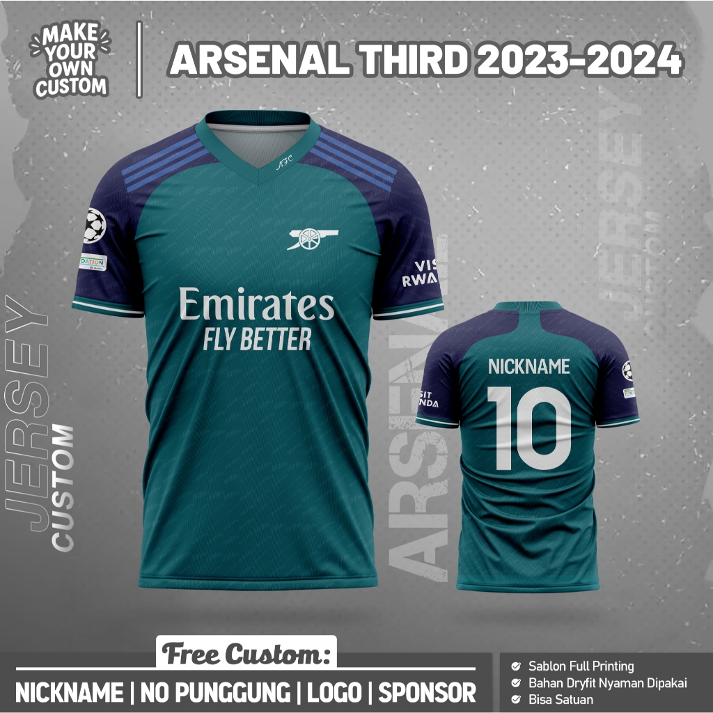 Jersey Bola ARSENAL THIIRD 2023-2024 PENDEK Free custom nama dan no punggung Full printing