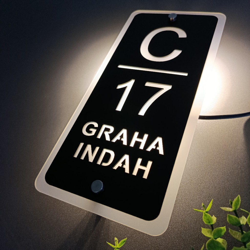Nomor Rumah LED Akrilik Black Doff 2 Layer Frosted Gray Papan Nomer Rumah Lampu Nyala Acrylic