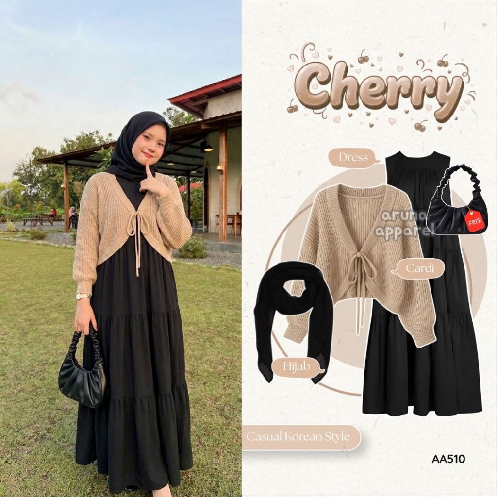 Aruna - One Set Dress Korean Style (Hijab Saquare + Cardigan Joly + Inner Dress) OOTD Wanita Kekinia