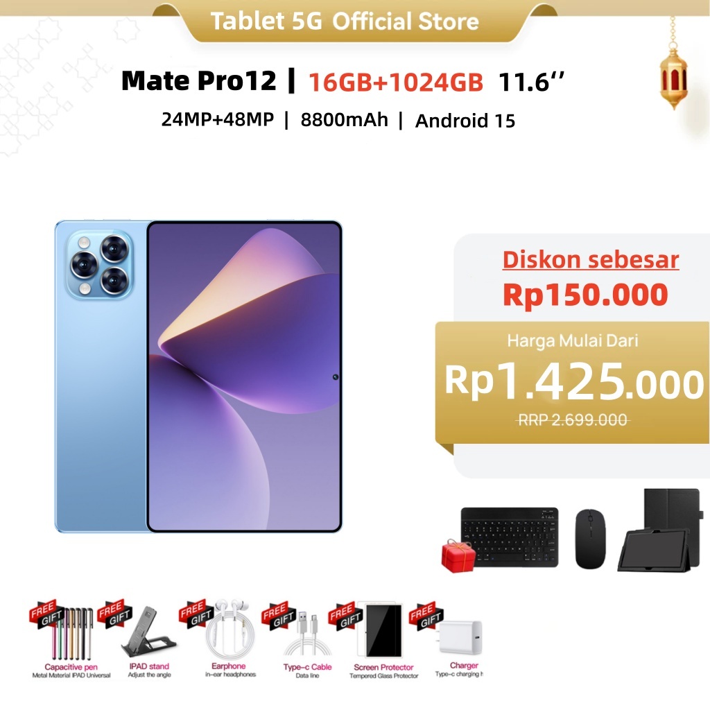 Tablet Pro12 16GB/1024GB 11.6" Layar Penuh Android15 5G Dual SIM 8800mAh [Tablet 5G Official Store]