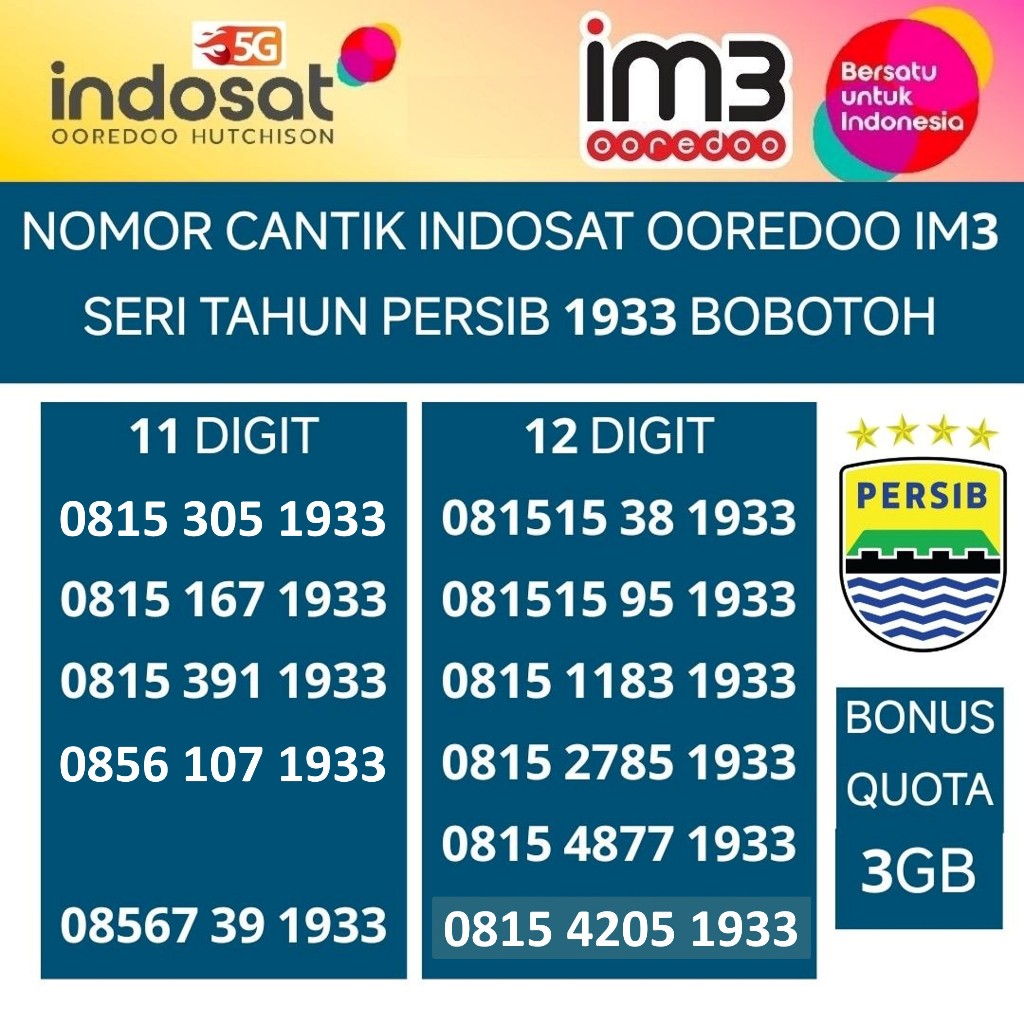 im3 persib 1933 indosat ooredoo tahun nomor cantik nomer kartu perdana bobotoh