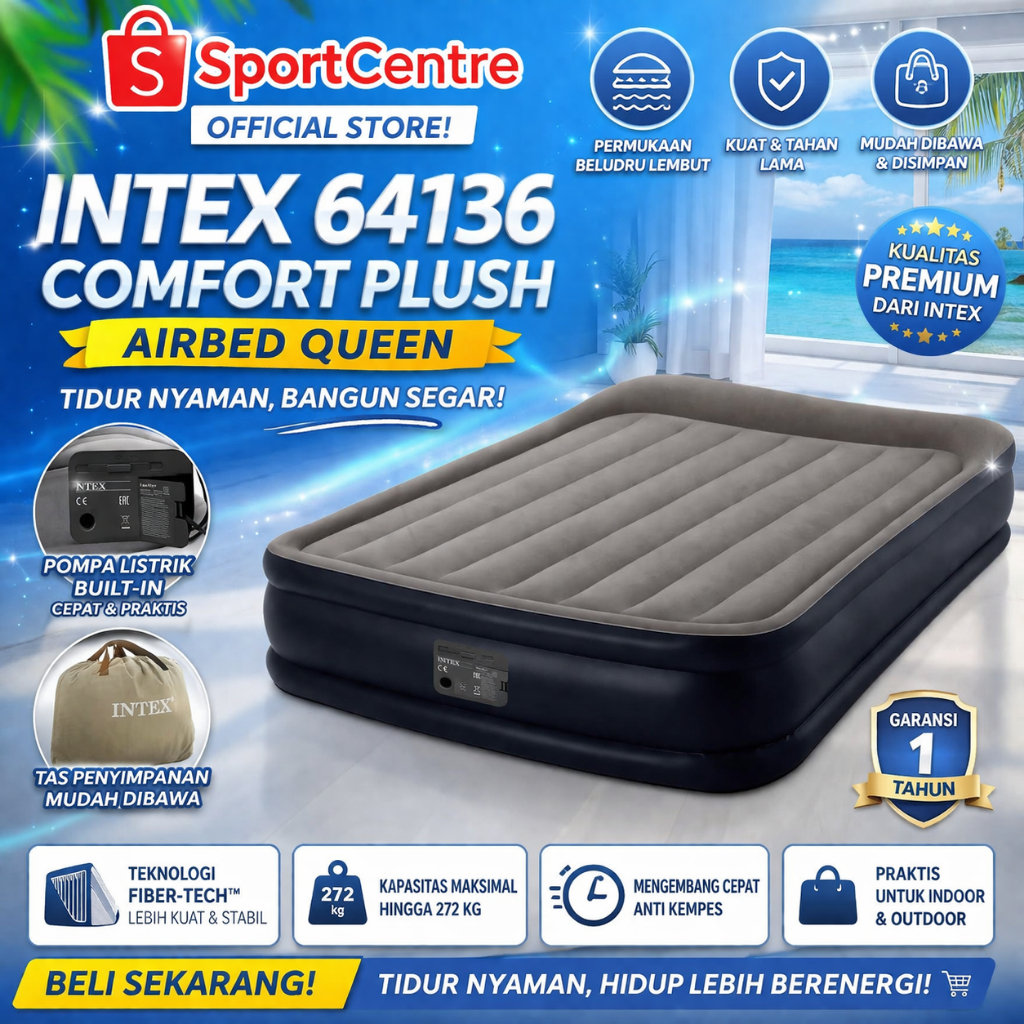 INTEX Kasur Angin Queen Durabeam Deluxe 64136 + pompa + tas kasur angin jumbo