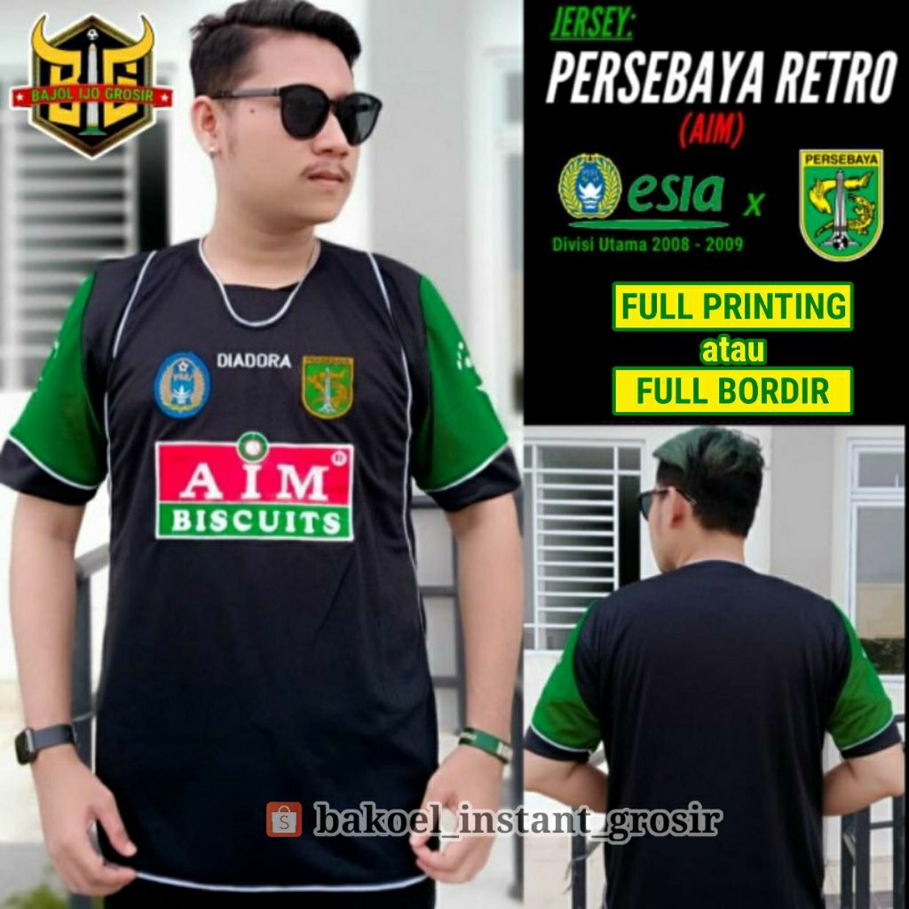 Jersey Persebaya AIM Biscuits 3RD DIVISI UTAMA 2008 - 2009 Hitam Full PRINTING atau BORDIR Retro REM