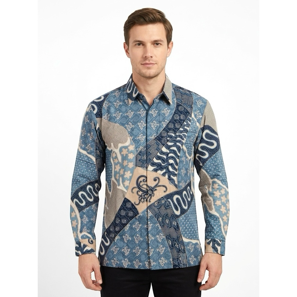 |Magnus| Kemeja Batik Pria Lengan Panjang Bahan Katun 40S Lapis Furring Arrow Warna Biru Tua