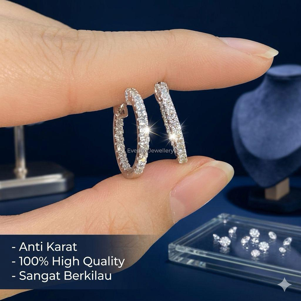 Everlux - Anting Ring Giwang Titanium TANIA Bulat Lingkar Diamond Sillver Anti-Hitam Anti-Karat Anti