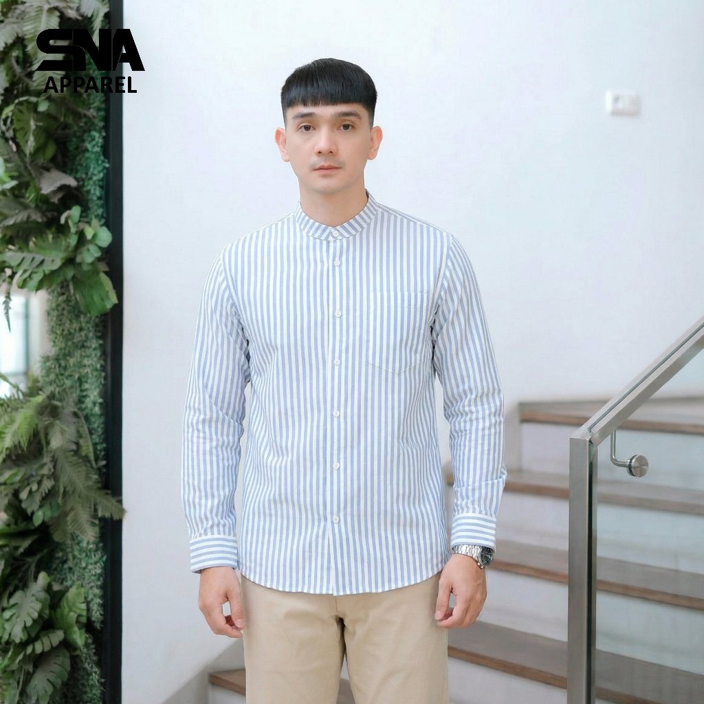 SNA - Kemeja Koko Garis Pria Collarless Butcher Stripe Kerah Shanghai - Blue Biru Panjang