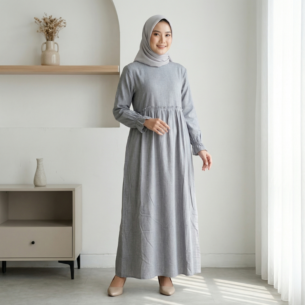 Dareena Gamis Katun Adem Polos Abu Muda Dress Harian Wanita Simpel - GAMIS POLOS ABU 4
