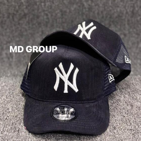 Topi Hat Baseball Jaring Coduroy Hat Distro Caps NY Bordir Putih Navy Shade Kekinian Trendy Pria Dan