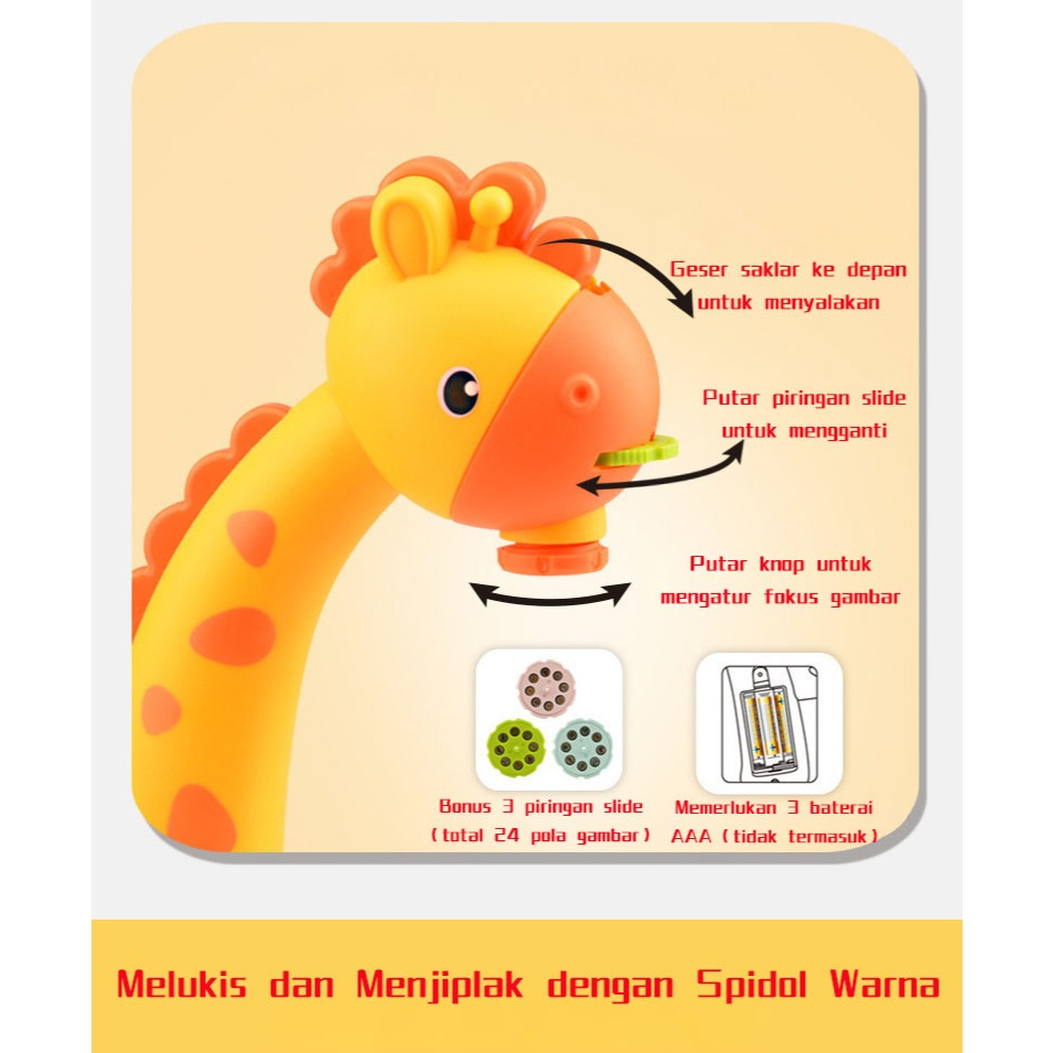 Mainan Meja Gambar Proyektor Anak Jerapah 3-in-1 Papan Tulis Edukasi Multifungsi dengan Lampu dan Mu