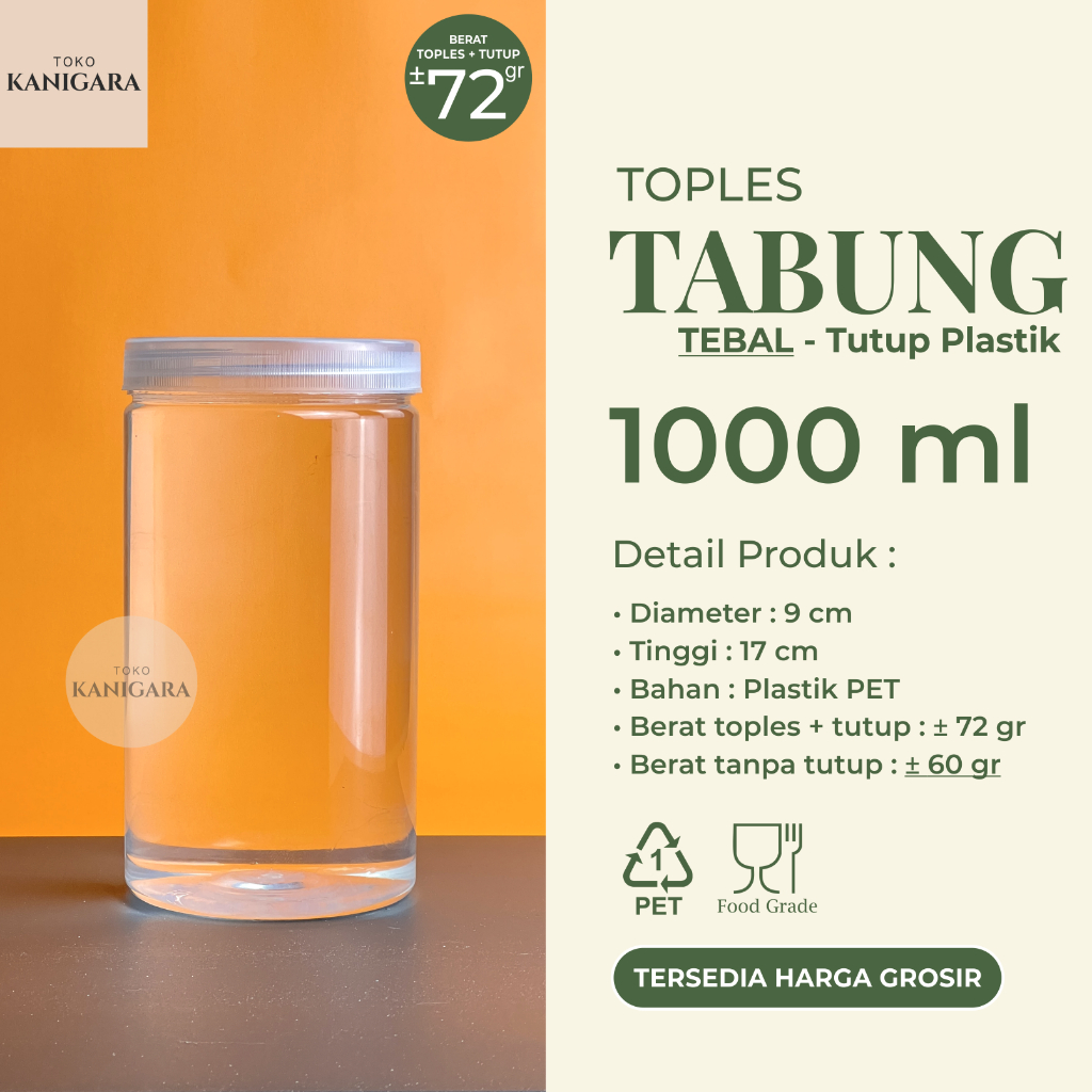 Toples Tabung 1000 ml TEBAL TUTUP PLASTIK - Toples Plastik 1000ml GROSIR - Kemasan Makanan Kuker