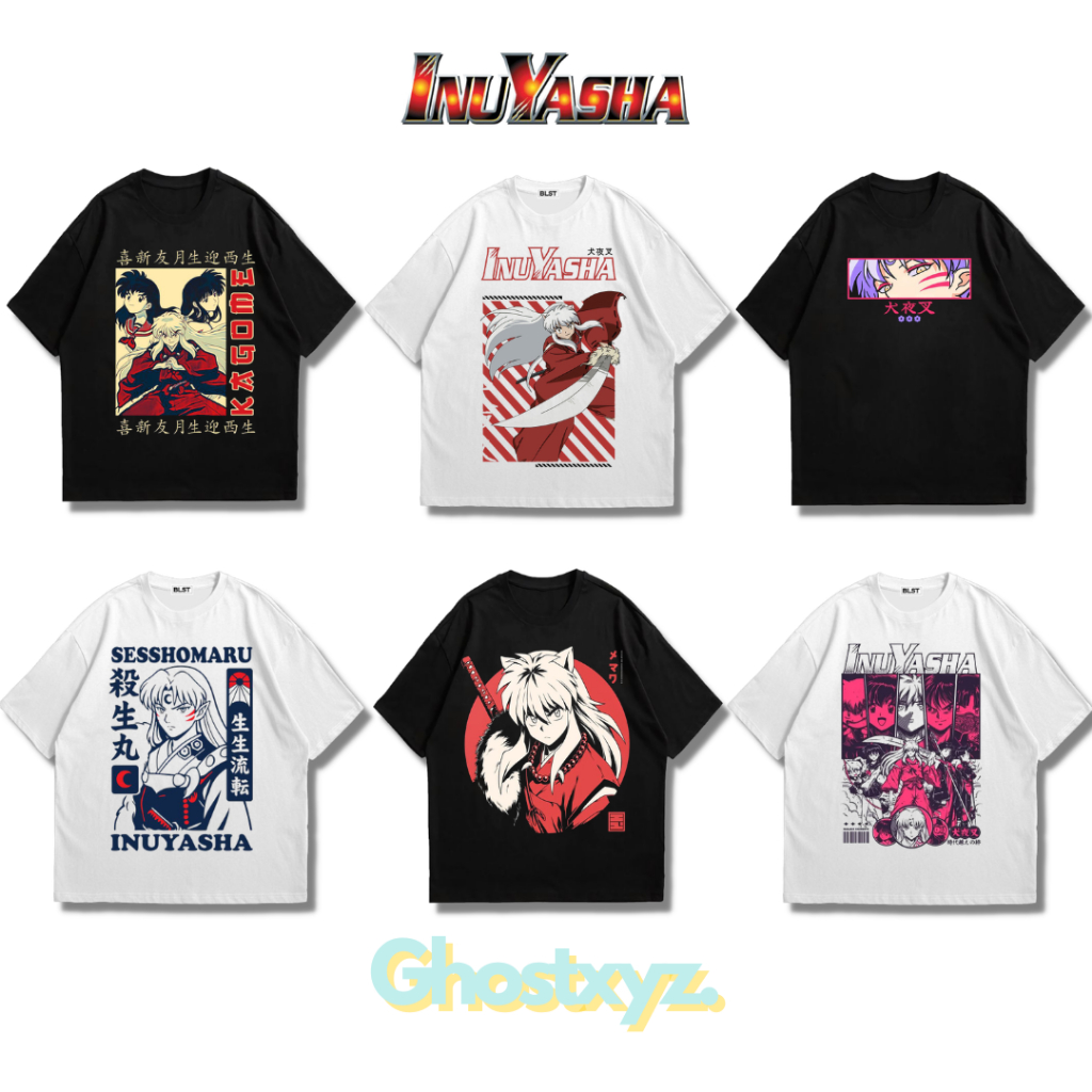 Ghostxyz T-Shirt Inuyasha Black White Oversize Vintage Tee Baju Kaos