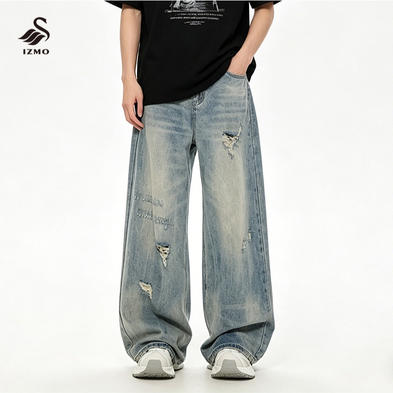 IZMO celana jeans pria sobek baggy straight retro blue