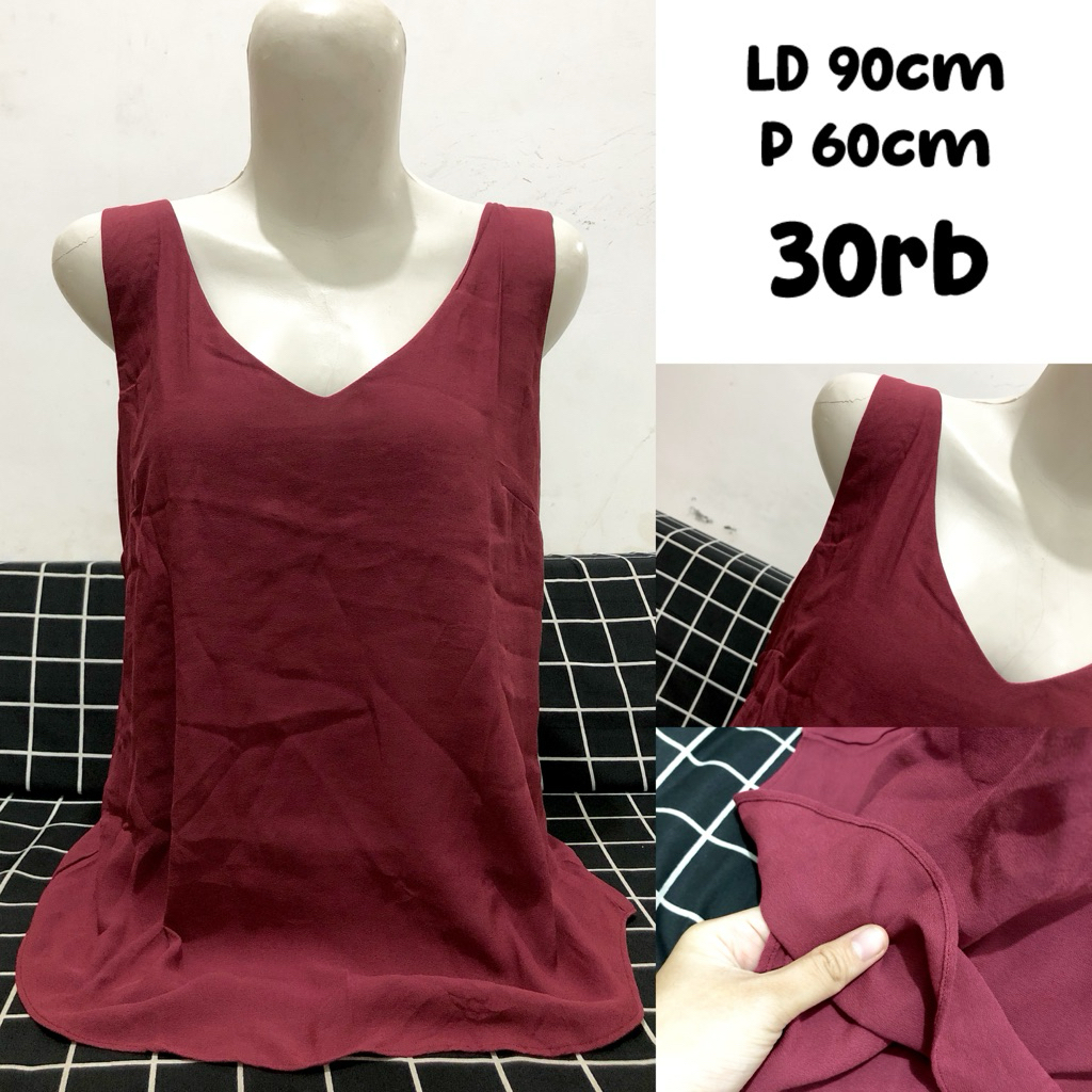 maroon tanktop basic blouse v neck tali lebar cute merah