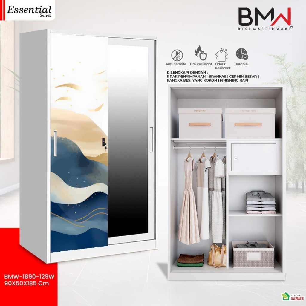 Lemari Pakaian Besi BMW 2 Pintu Sliding Lebar 90 cm Motif - Lemari Baju Sliding / Lemari Besi Slidin
