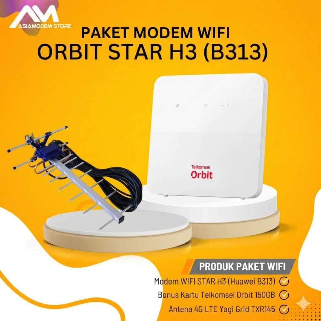 Paket Modem Router WIFI Orbit Star H3 Huawei B313 4G & Antena Yagi Grid Extreme