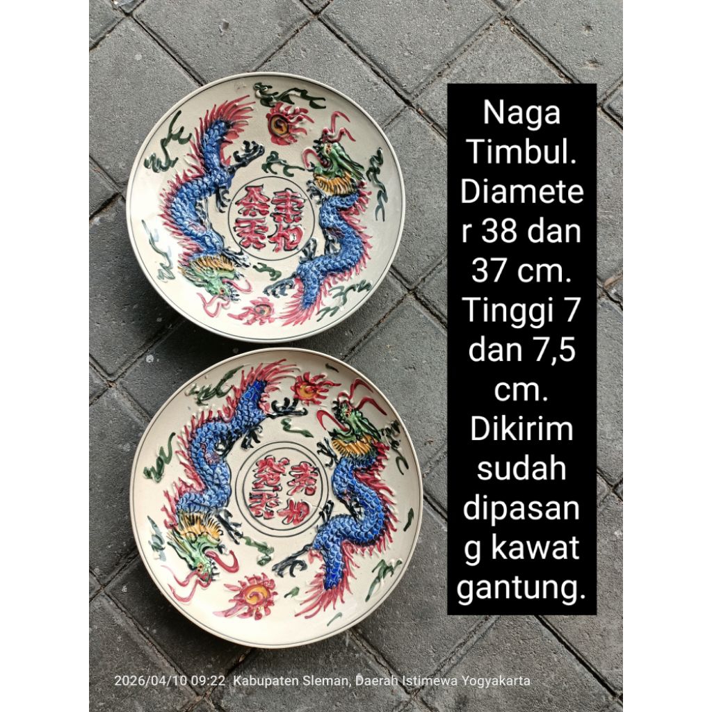 Diameter 38 cm dan 37 cm 2 buah Piring keramik lukis motif naga timbul warna untuk dekorasi hiasan d