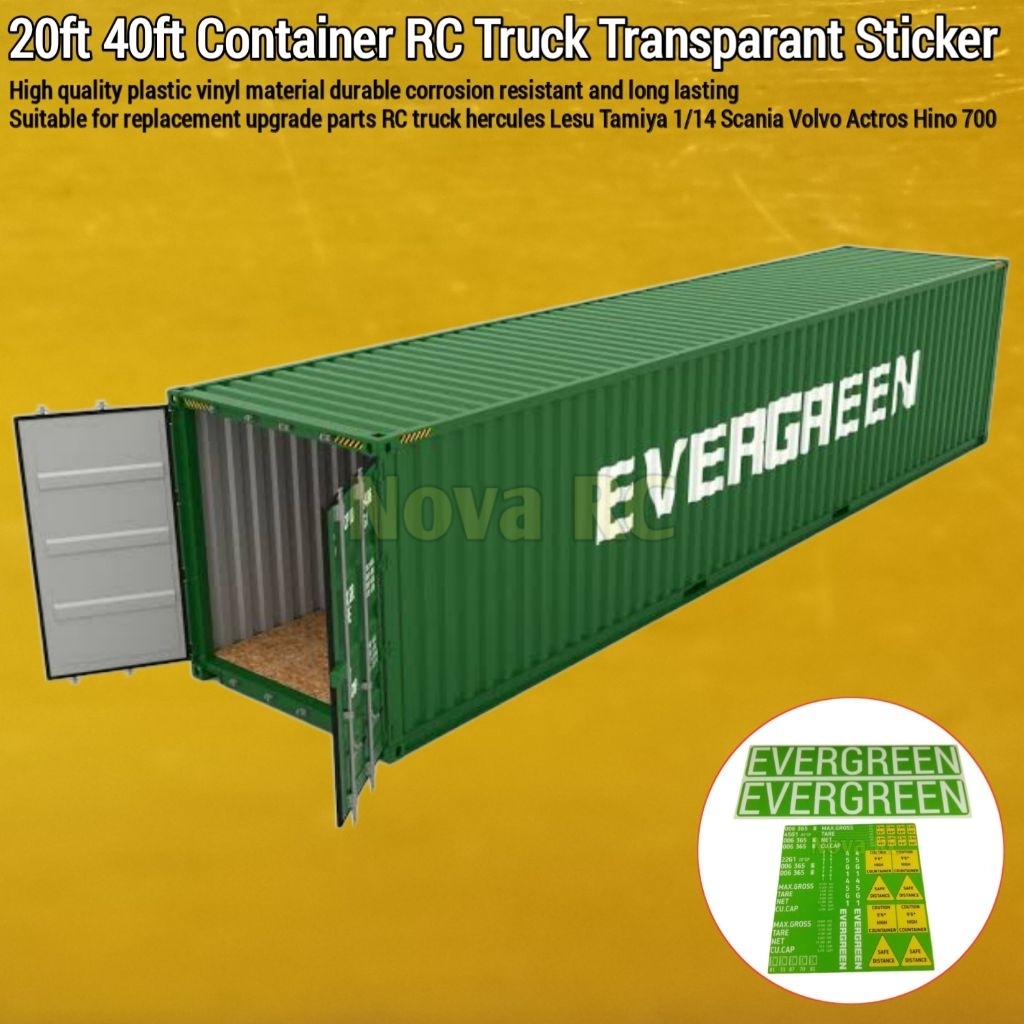 Set stiker Peti kemas 20ft 40ft EVERGREEN cocok untuk aksesoris RC truk 1/14 hercules lesu tamiya Sc