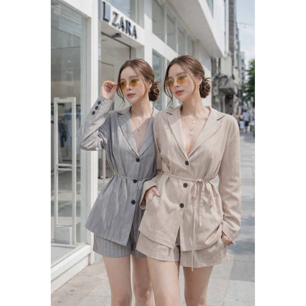 Melody Sripe Set | Cotton Candy Blazer Short Set Import Premium Bangkok