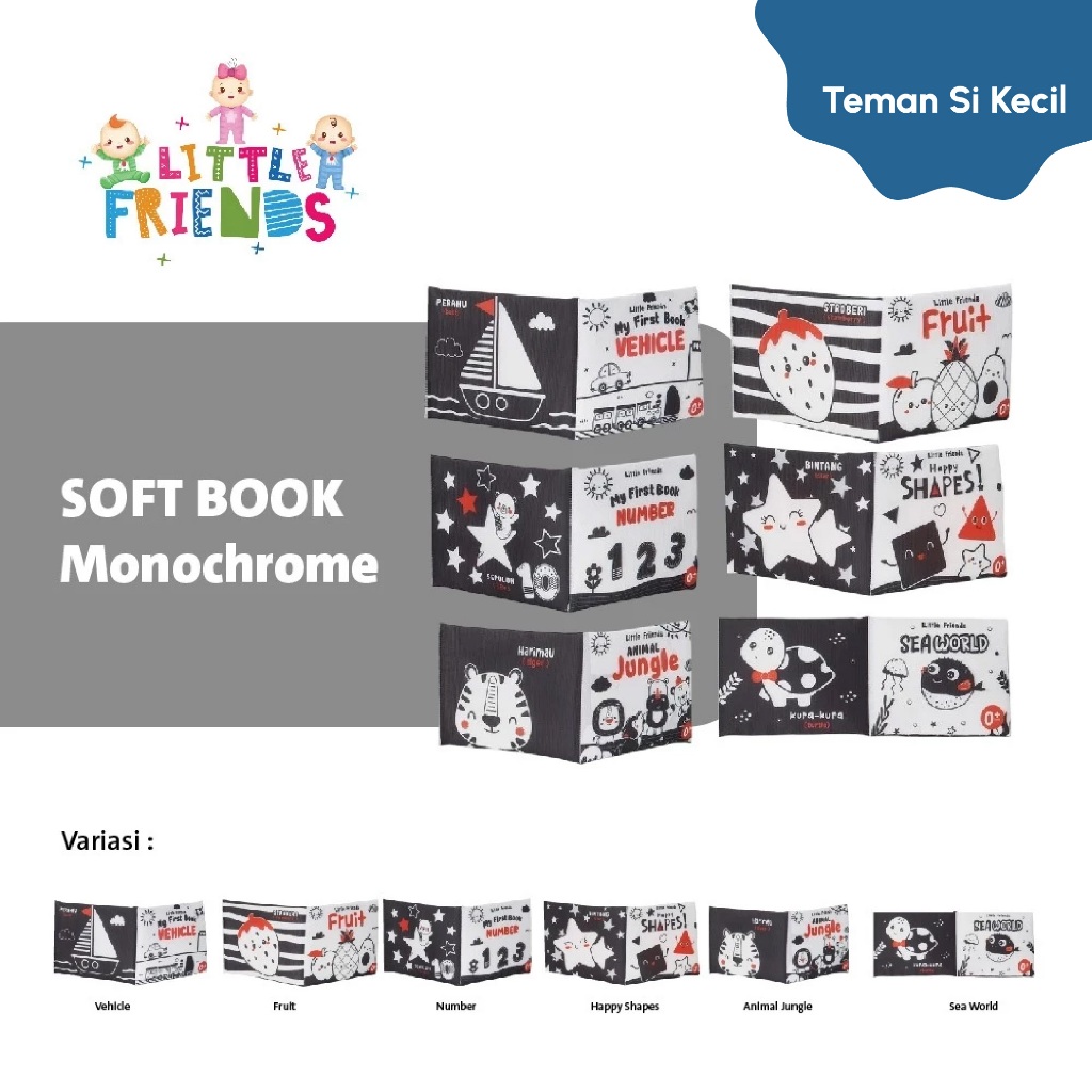 Soft Book Monochrome Besar Buku Kain/Mainan Bayi Edukasi/Buku Bantal Bayi Karakter Little Friends