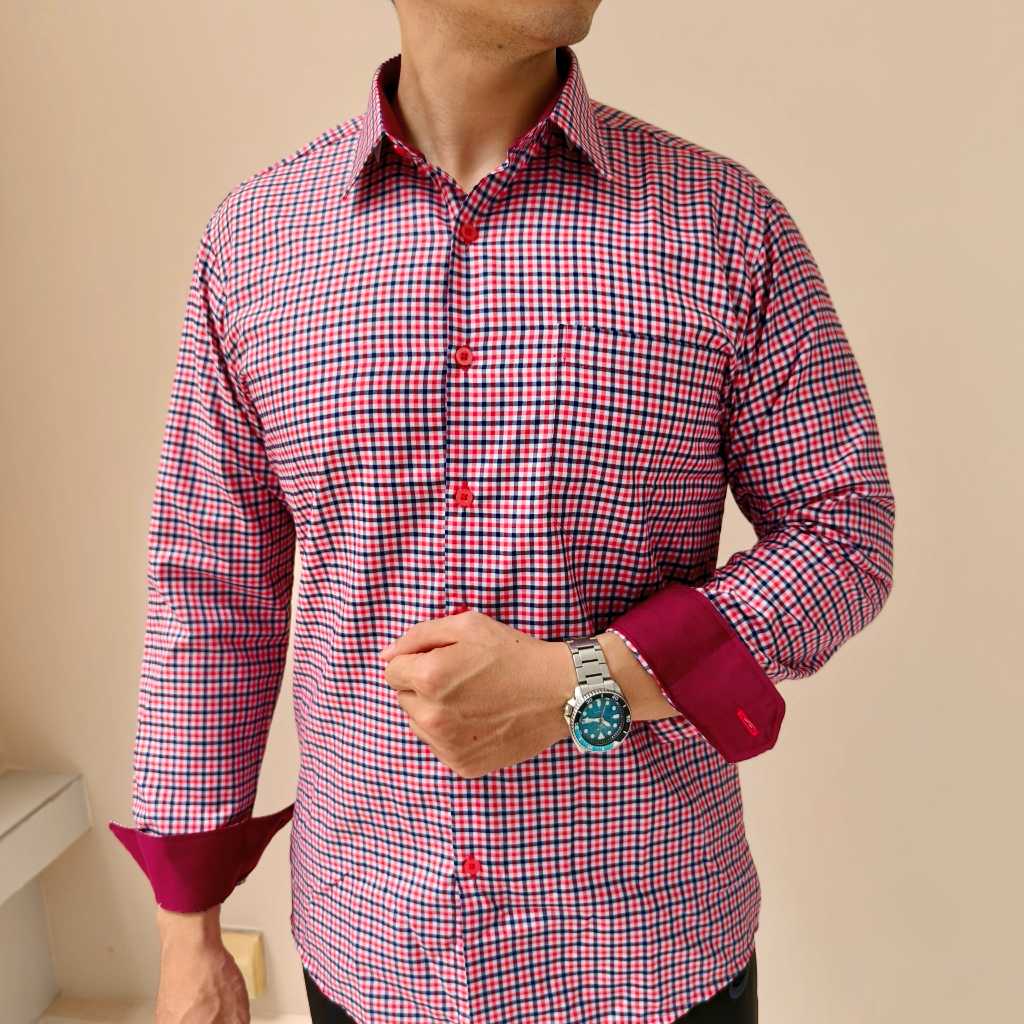 Kemeja Pria Motif Kotak Merah Navy Kasual Slimfit Dixon Gabrian