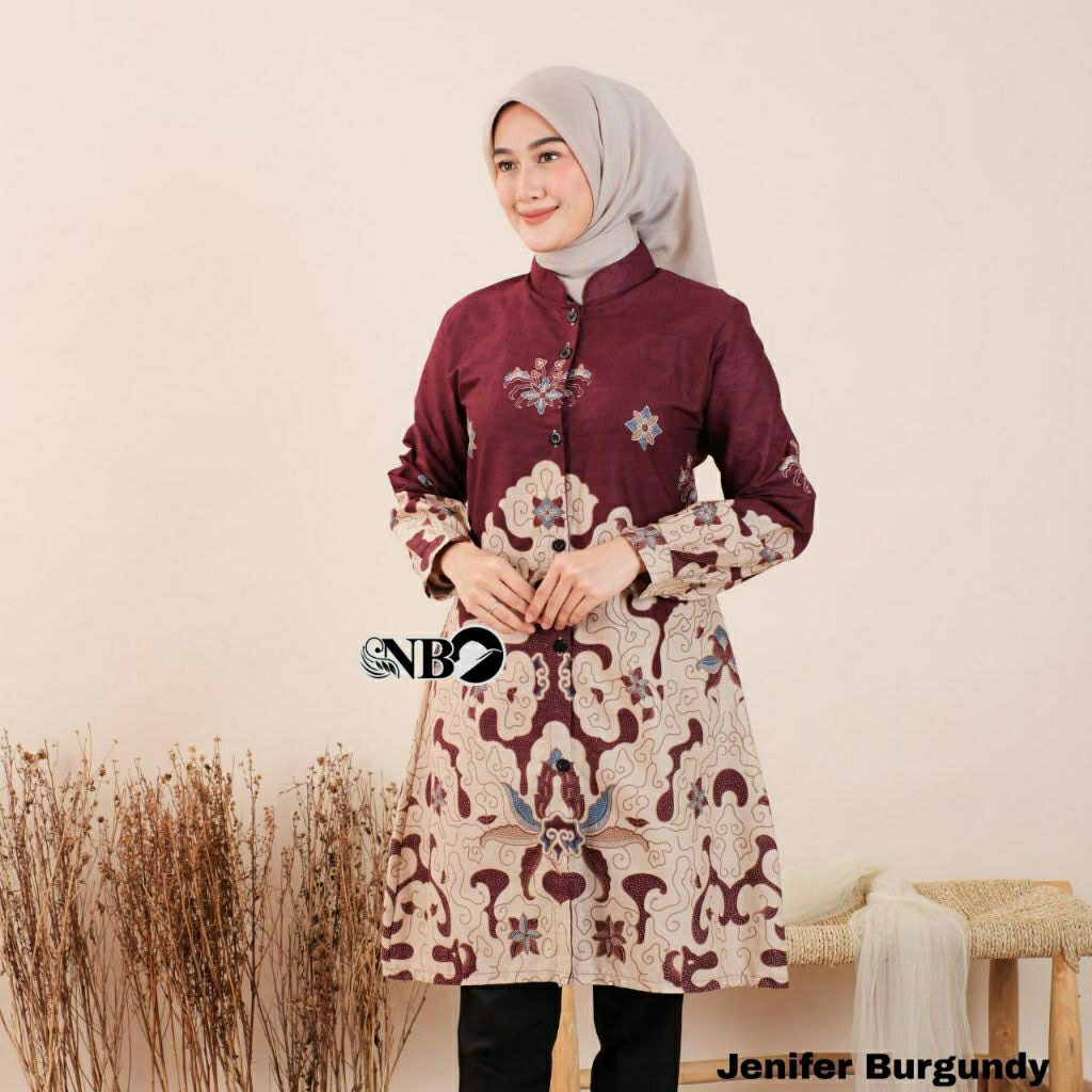 Batik Couple Suami Istri Tunik Burgundy Jenifer Atasan Wanita Katun Lengan Panjang Seragam Kerja Kan