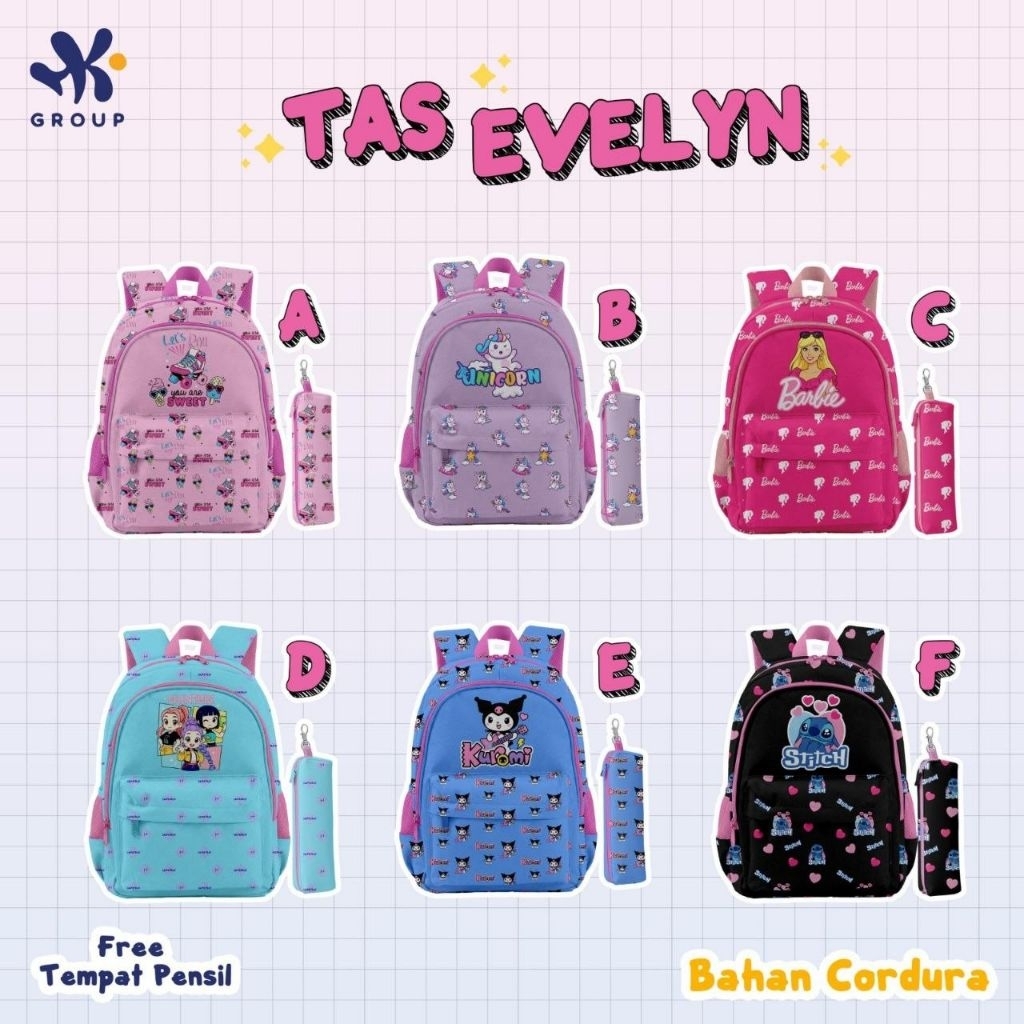 Po‼️ Hk Group Evan Evelyn Tas Ransel Sekolah Anak Sd Smp Unisex Kuromi Minecraft Free T.Pensil /Terb