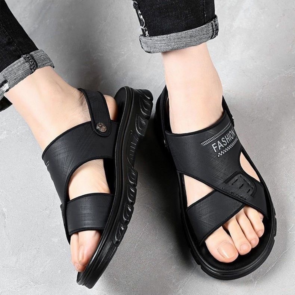 TERMUR4H Sandal Pria Kulit 33-43 Original Nyaman Empuk Seharian Sendal Cowok Selop Slop Laki-Laki Ka