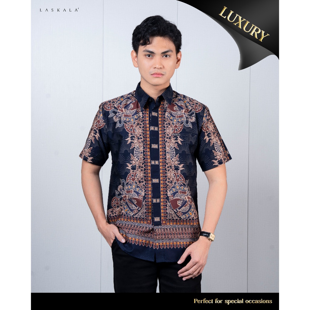 Laskala Batik Premium Betawi Navy Kemeja Batik Pria Slimfit Lengan Pendek