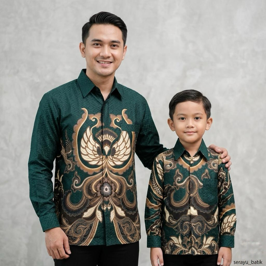 Hijau Botol Batik Couple Bapak Dan Anak Bahan Dobby Premium Batik Pasangan Ayah Dan Warna Hijau Boto