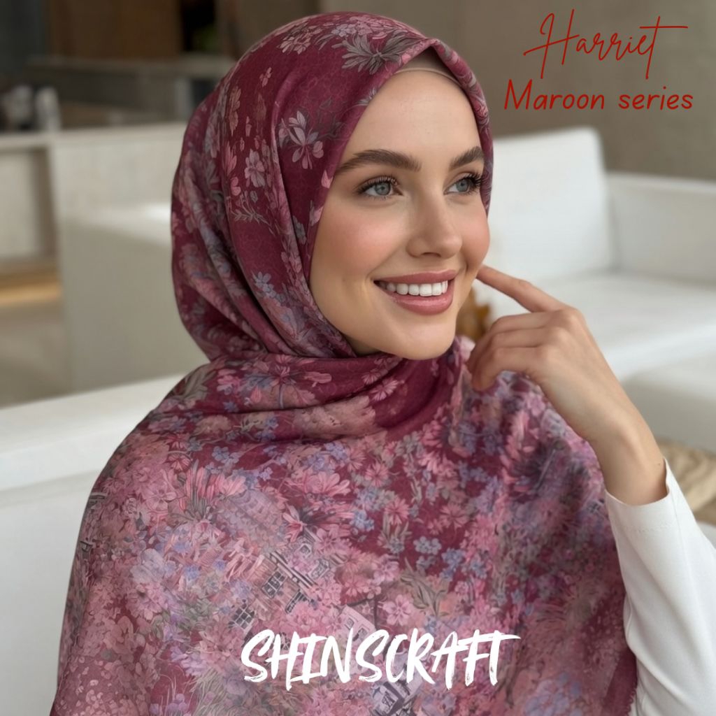 SHINSCRAFT Hariet Maroon Series – Hijab Segi Empat Voal Premium 110x110 Motif Printing Merah Maron E