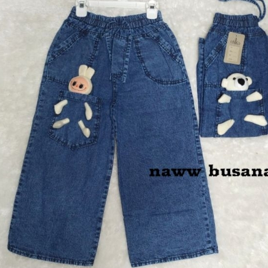 celana kulot jeans motif boneka labubu anak perempuan usia 2-13thn/baggy lepis love bordir pita anak