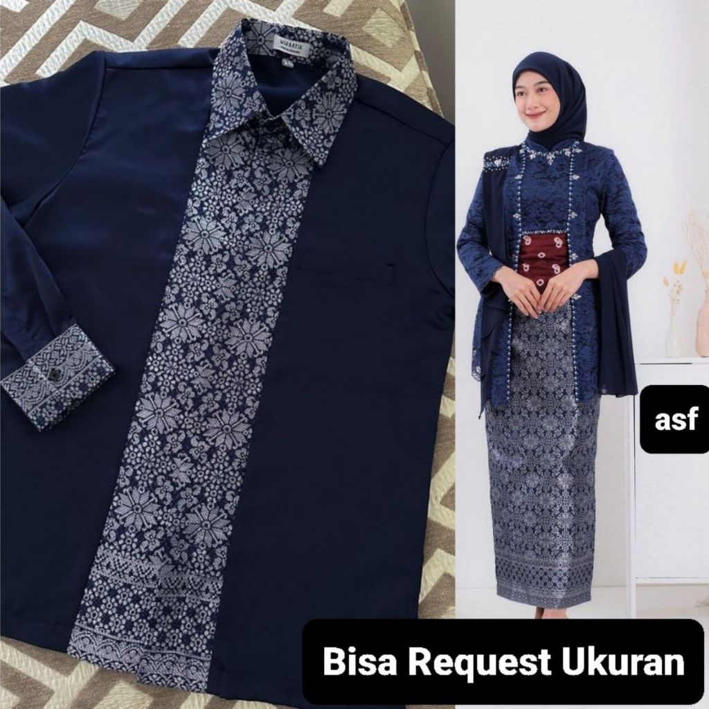 SET KEBAYA KUTU BARU LAKSMI NAVY ORI COUPLE KEMEJA / CUSTOM ANAK & JUMBO / BAJU SETELAN SERAGAM BATI