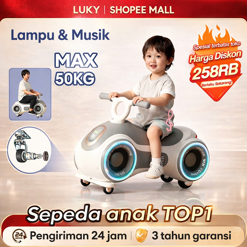 LUKY Sepeda Balance Mainan Anak bike Mobil Ayun LED Musik  Sesuai Bayi 1-6 Tahun