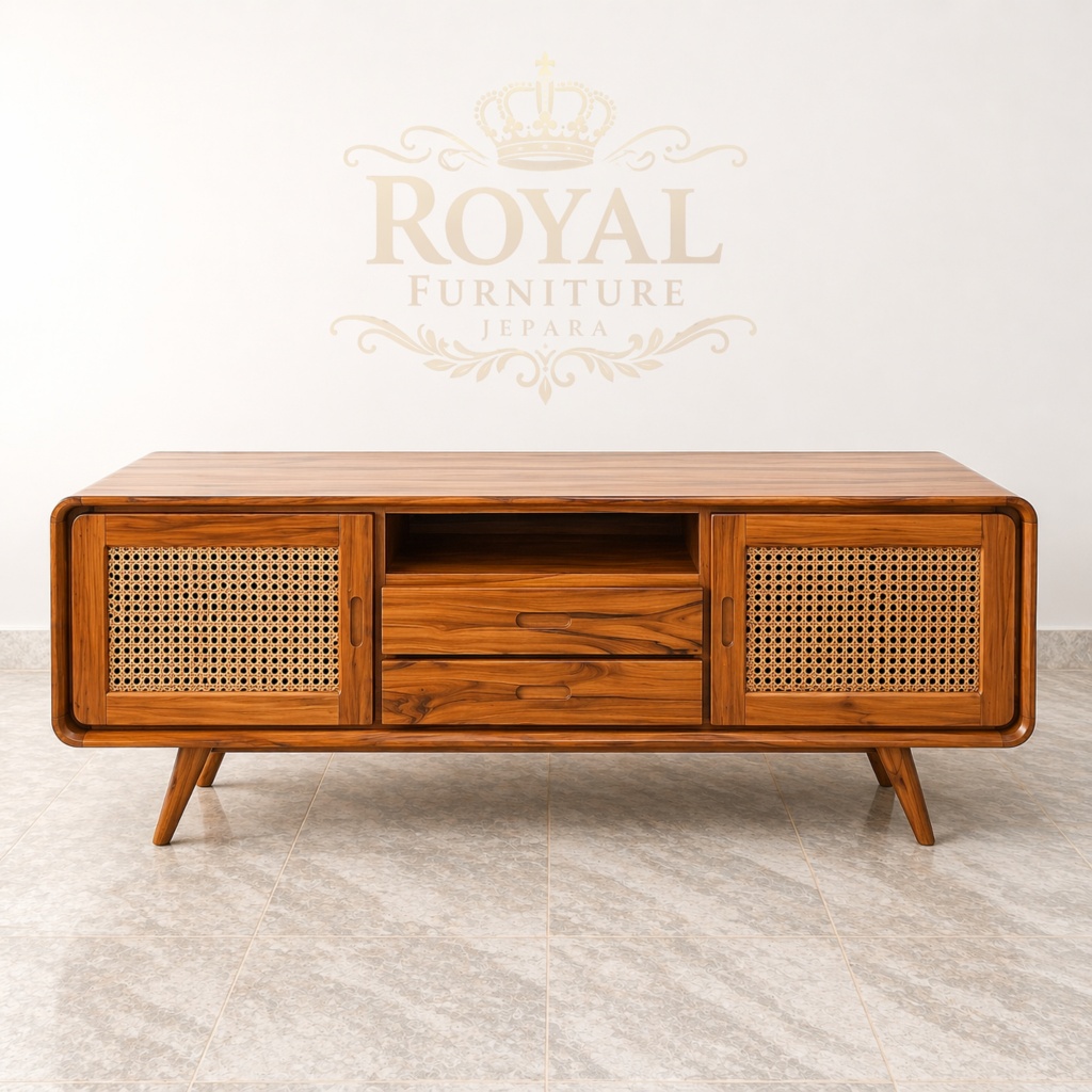 Bufet TV Kayu Jati Rotan Minimalis | Lemari TV Jepara | Cabinet TV Modern Kayu Solid