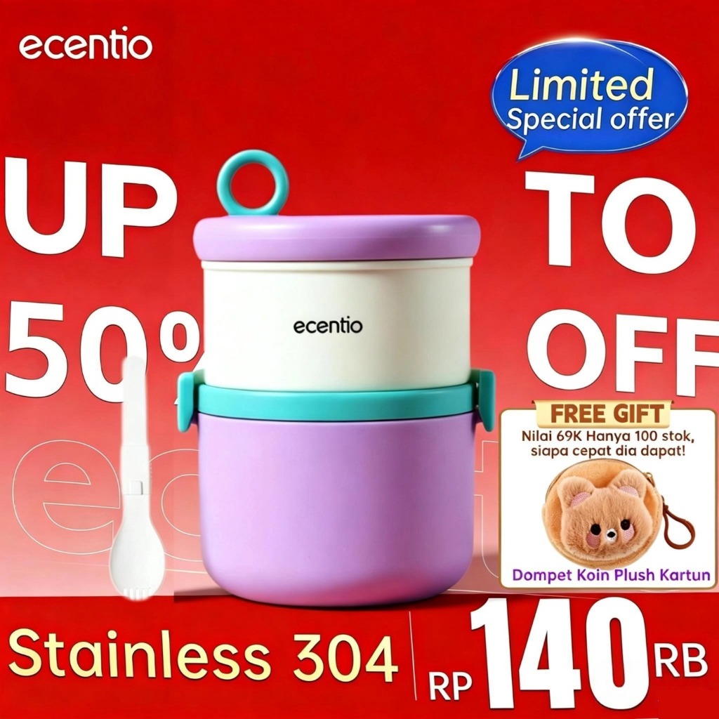 [Special offer] ecentio Kotak bekal stainless steel Double layer 730+550ml lunch box Tahan bocor Ant