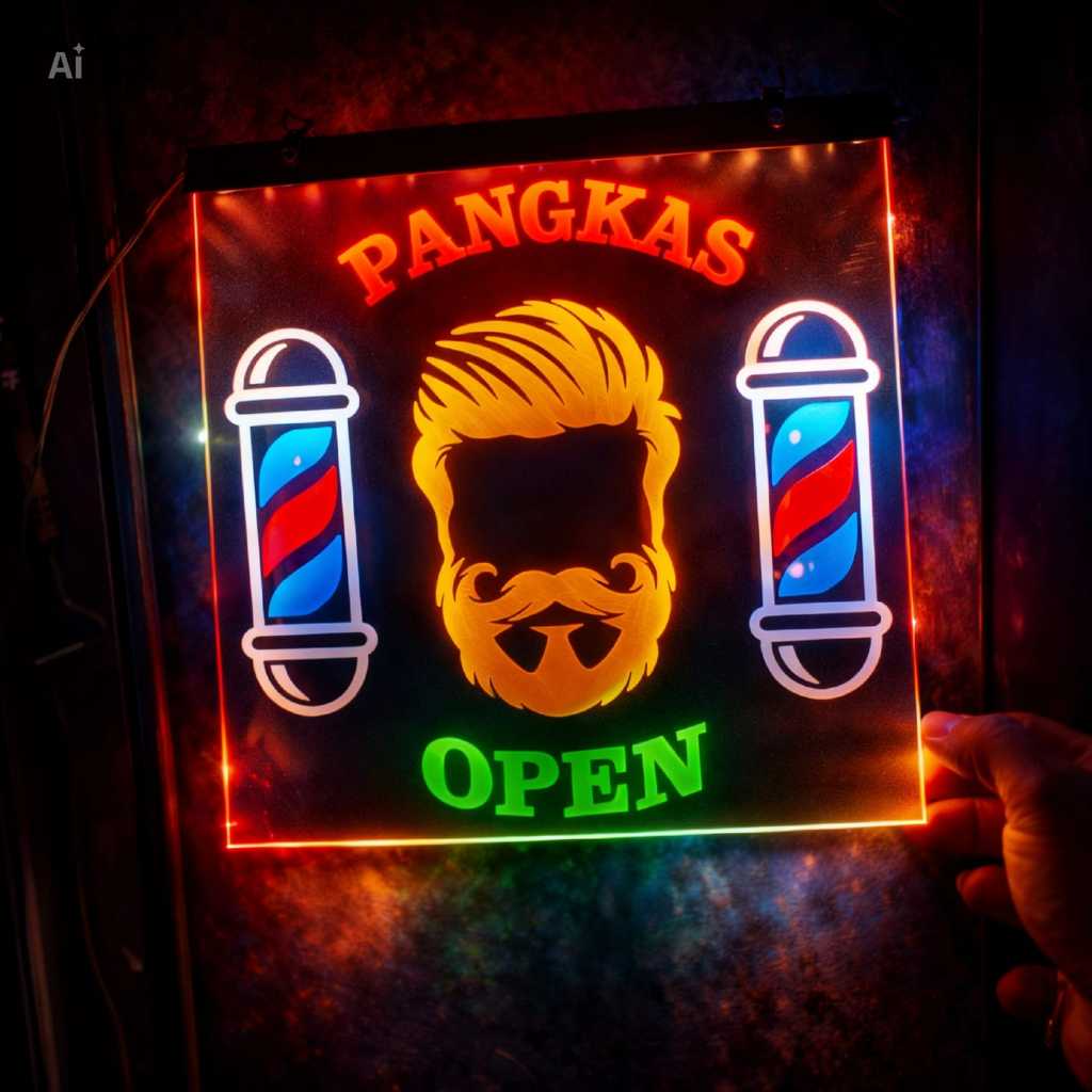 Lampu PANGKAS OPEN barbershop bahan akrilik cocok gantung di kaca dan tembok dimensi 25x25 cm